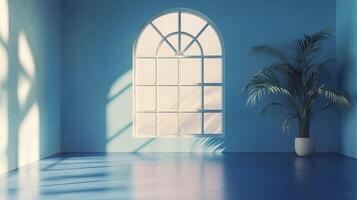 An airy room in hues of calming blue, featuring a large window with a light-filled view and a potted plant to add to a calm atmosphere. photo