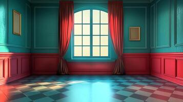 Elegant room with checkerboard floor, red drapes, and large arched window, exuding sophistication and style. Interior design perfection. photo