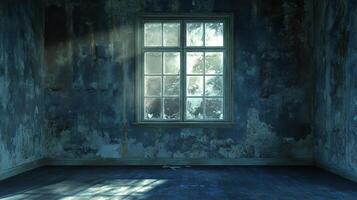 Gloomy room with old plaster walls and a window that reflects a bleak, wintry scene, creating a chilling, abandoned ambiance. photo