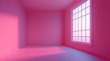 A room bathed in bright pink light features a window letting in natural light. The minimalist design focuses on color and light interaction. photo