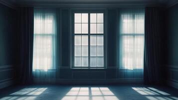 Elegant interior with tall windows, sheer curtains, and soft shadows creating a serene and calming atmosphere. Blue and white tones. photo