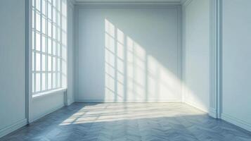 Bright sunlight streams through a grid-patterned window, illuminating a minimalist room with herringbone flooring. A study in light and shadow. photo
