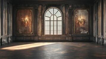 An ornate hall with decorative walls, sconces, and a large window letting in sunlight, creating an elegant, antiquated atmosphere. photo