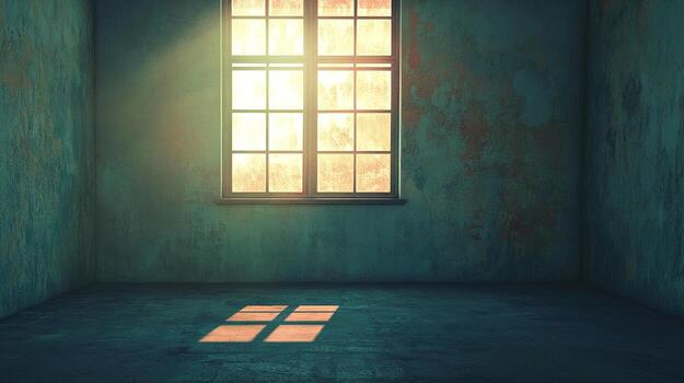 Sunlight streams into an empty room through a window, creating geometric light shapes on the floor, illuminating texture on aged walls. photo