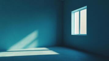 Minimalist interior with a turquoise wall, light streaming through a window. The scene is simple, clean, and softly illuminated by daylight. photo
