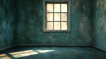 Old room with peeling teal paint and light through the window, creating contrast in the empty space. Focus on texture and decay. photo