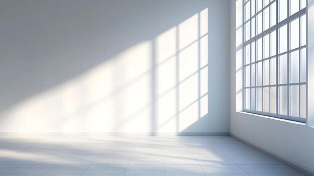Sunlight streams through a grid window in an empty room, creating a pattern of light and shadow across the white walls and tiled floor. photo