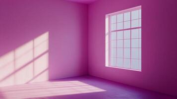 A vibrant pink room features a window casting geometric shadows on the walls and floor, creating a modern, minimalistic aesthetic. photo