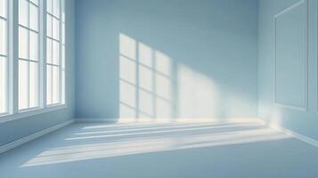 Sunlight streams through a window into an empty, light blue room, casting a bright and airy ambiance. The light creates patterns on the floor. photo