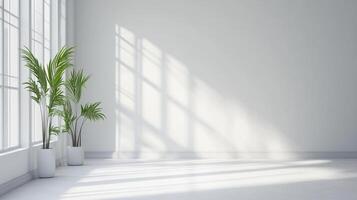 Sunlit minimalist room with potted plants near a window creating soft shadows on a blank white wall and floor. Serene indoor scene. photo