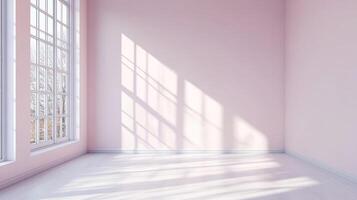 Sunlit minimalist interior with pink walls and large windows. Light and shadow create a serene, spacious atmosphere. Ideal for modern living. photo