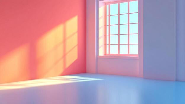 Sunlight streams through a gridded window, casting shadows on pastel walls and a polished floor in an empty, minimalist room. photo