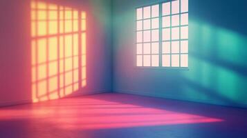 Sunlight streams through a window, casting shadows on the wall and floor in a dance of light and color. A minimalist aesthetic photo