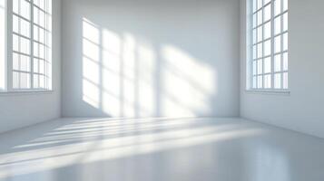 Sunlight streams through windows into a bright, minimalist room, creating patterns of light and shadow on the white walls and floor. photo