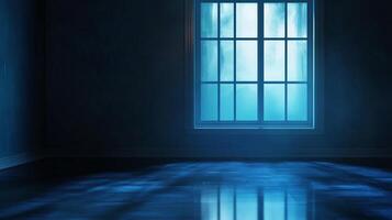 A room shrouded in darkness, illuminated by a window radiating an ethereal, blue glow, casting intriguing shadows across the polished floor. photo