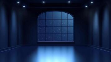 A serene, dark blue room features a large window revealing a night sky filled with twinkling stars, casting a soft glow on the floor. photo