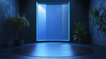 Minimalist geometric interior features a blue illuminated screen, plants, and a circular floor. Cool tones create a serene, modern atmosphere. photo