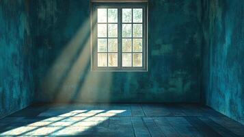 Sunlight streams through a window, illuminating a weathered, textured room in tones of blue. Evokes serenity in a minimalist interior. photo