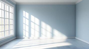 A light blue interior room is lit by sunlight streaming through a window, creating a bright and airy atmosphere with shadows and light. photo