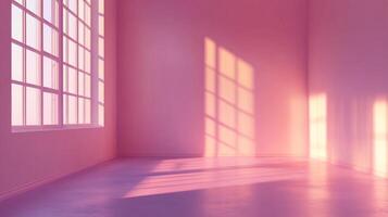 Illuminated room featuring soft pink walls and a grid-patterned window casting shadows across the floor for a serene, minimalist aesthetic. photo