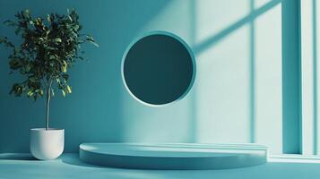 Minimalist teal backdrop with plant, podium, and geometric window casting shadows, creating a serene and modern aesthetic. photo