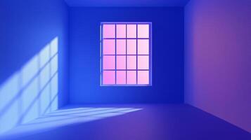 An empty room bathed in blue and purple light, featuring a window casting geometric shadows, creating a tranquil and surreal atmosphere. photo