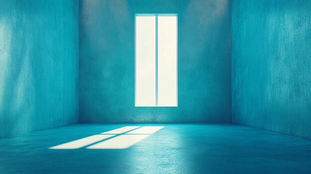 Empty blue room with bright window light creating long shadows on the floor, minimal and architectural in its design. photo