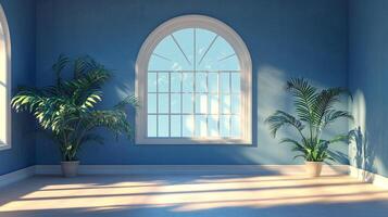 Sun-drenched room with blue walls, two potted palm plants casting shadows. A large arched window fills the space with natural light. photo