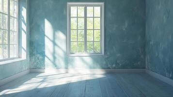 Sunlit room with blue walls and wooden floors, light streaming through the windows, creating a serene, bright and empty space. photo