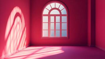 A minimalist pink room is lit by the natural light streaming through an arched window, creating dynamic light patterns. A serene atmosphere. photo