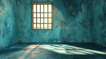 Sunlight streams through a barred window, illuminating an aged room with textured, blue-green walls, creating shadows on the floor. photo