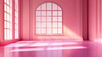 A bright pink room filled with light coming in from the large windows. Soft shadows are cast across the floor, creating a peaceful atmosphere. photo
