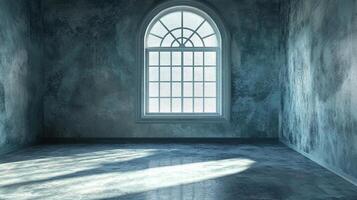 Sunlight streams through a large arched window, illuminating a stark and empty room, creating long shadows across the textured floor. photo