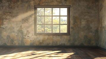 Sunlight streams through a window in a room with textured walls and a wooden floor, creating a peaceful and inviting atmosphere. photo
