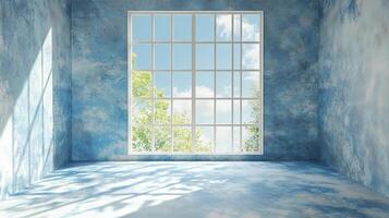 Bright room with blue walls and large window, offering outside view. Light streams through creating shadow patterns on the floor. photo