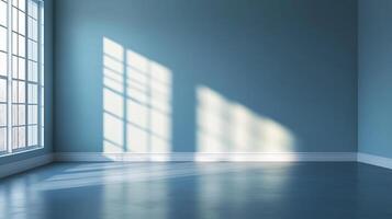 Sunlight streams into a blue room through a window, creating a bright, airy atmosphere and illuminating the empty space. Interior design photo