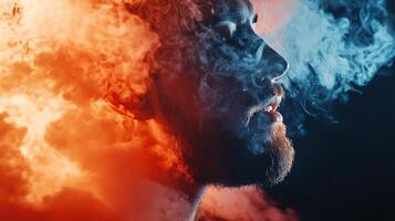 This image captures a contemplative male figure enveloped in colorful smoke, expressing deep emotions and creating a captivating artistic portrait. photo
