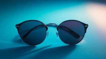 A pair of modern sunglasses lies artfully on a vibrant turquoise surface, combining contemporary design with a refreshing pop of color in this striking photograph. photo