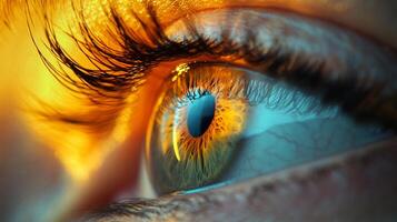This striking close-up of a human eye reveals intricate details and captivating colors, depicting intense emotion and offering a glimpse into the soul's depth. photo