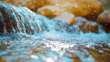 Crystal-clear water droplets burst into the air from a bubbling stream, capturing the essence of freshness and energy in nature, illustrating movement and vitality. photo