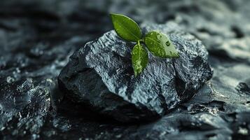 A striking image of a vibrant green plant sprouting from a rugged dark stone, symbolizing resilience and growth amidst a stark environment. photo
