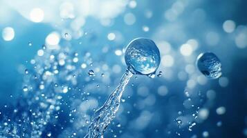 A captivating image showcasing dynamic water splashes and glistening bubbles against a soft blue backdrop, creating a refreshing and serene atmosphere. photo