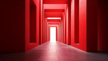 A striking red corridor that leads to a bright light at the end, symbolizing an intriguing journey and modern architectural elegance in a minimalist design. photo