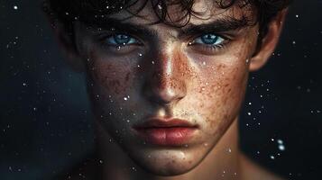 A captivating close-up portrait of a young man with striking blue eyes and freckles, capturing deep emotion with droplets of water that add a mesmerizing touch. photo