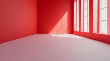This stark image portrays a minimalist red room, bathed in warm natural light filtering through white windows, representing modern simplicity and artistic expression. photo