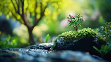 This captivating image features a delicate plant blooming on a moss-covered rock, symbolizing resilience and the beauty of life flourishing in unexpected places. photo
