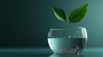 An inspiring image of a sapling emerging from a clear glass container with water bubbles, symbolizing growth, resilience, and the beauty of nature. photo