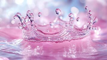 A stunning high-speed capture of water droplets creating a mesmerizing splash, reflecting shimmering light and soft colors in an artistic water display. photo