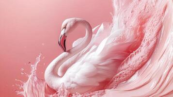 A graceful flamingo emerges from vibrant swirling water against a soft pink backdrop, capturing the beauty and elegance of this iconic bird in a rich artistic expression. photo