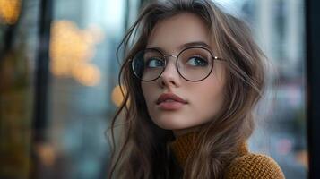 A captivating portrait of a young woman wearing glasses, showcasing her thoughtful expression and beautiful features, capturing the essence of youth and modernity. photo